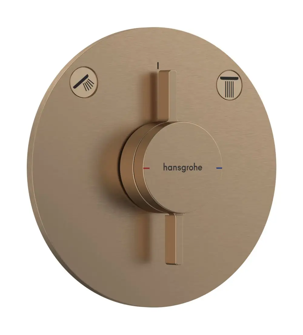 Mischer mit betätigbarem Drehknopf für zwei Verbraucher, in gebürstetem Bronze-Finish. Hersteller ist Hansgrohe. Symbole für Dusche und Wasserauslass sind sichtbar.